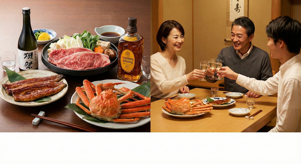 食べ物とお酒を楽しむ家族